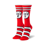 Pair of red and white striped crew socks with a whimsical 'Sock 1' and 'Sock 2' design. 