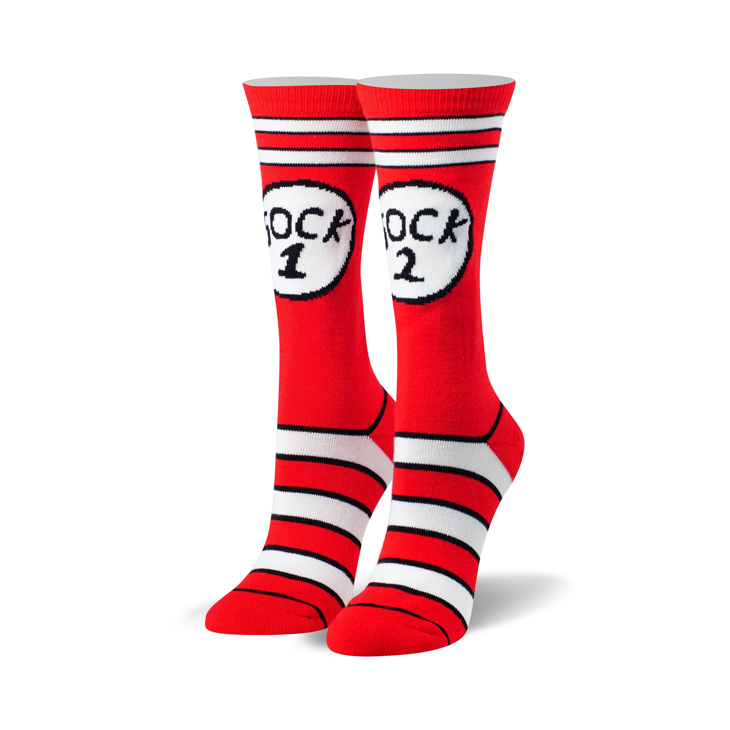 Pair of red and white striped crew socks with a whimsical 'Sock 1' and 'Sock 2' design. 