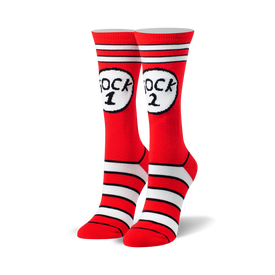 white-striped red crew socks feature "sock 1" and "sock 2" in white circles.  