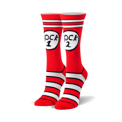 white-striped red crew socks feature "sock 1" and "sock 2" in white circles.  