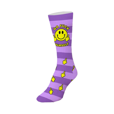 Purple and yellow striped crew socks featuring a smiley face giving the middle finger and repeating middle finger icons.