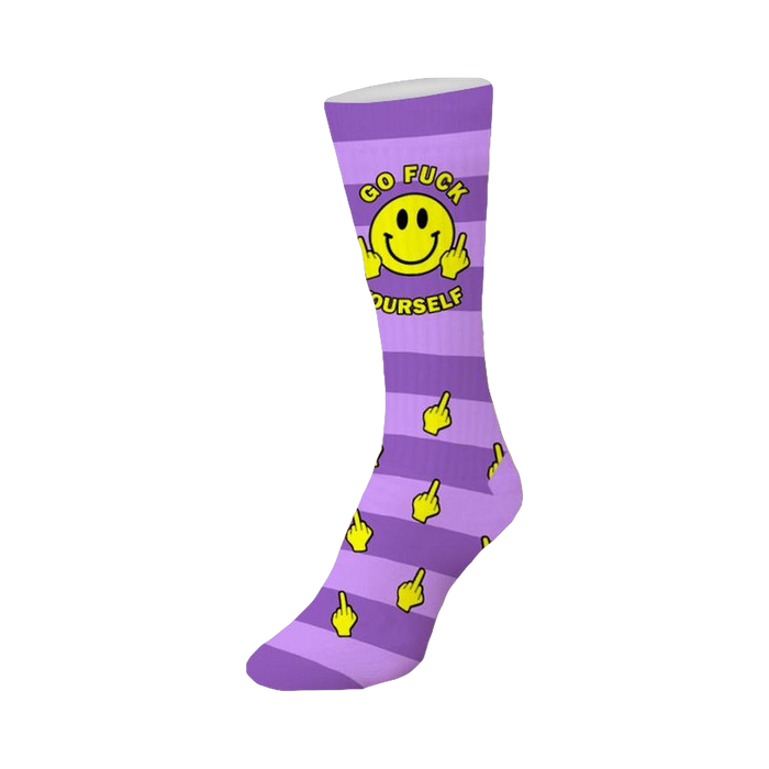 Purple and yellow striped crew socks featuring a smiley face giving the middle finger and repeating middle finger icons. }}