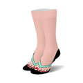 Pair of pink crew socks featuring a graphic design of feet in teal flip-flops and red nail polish.  The socks have a black heel and toe.