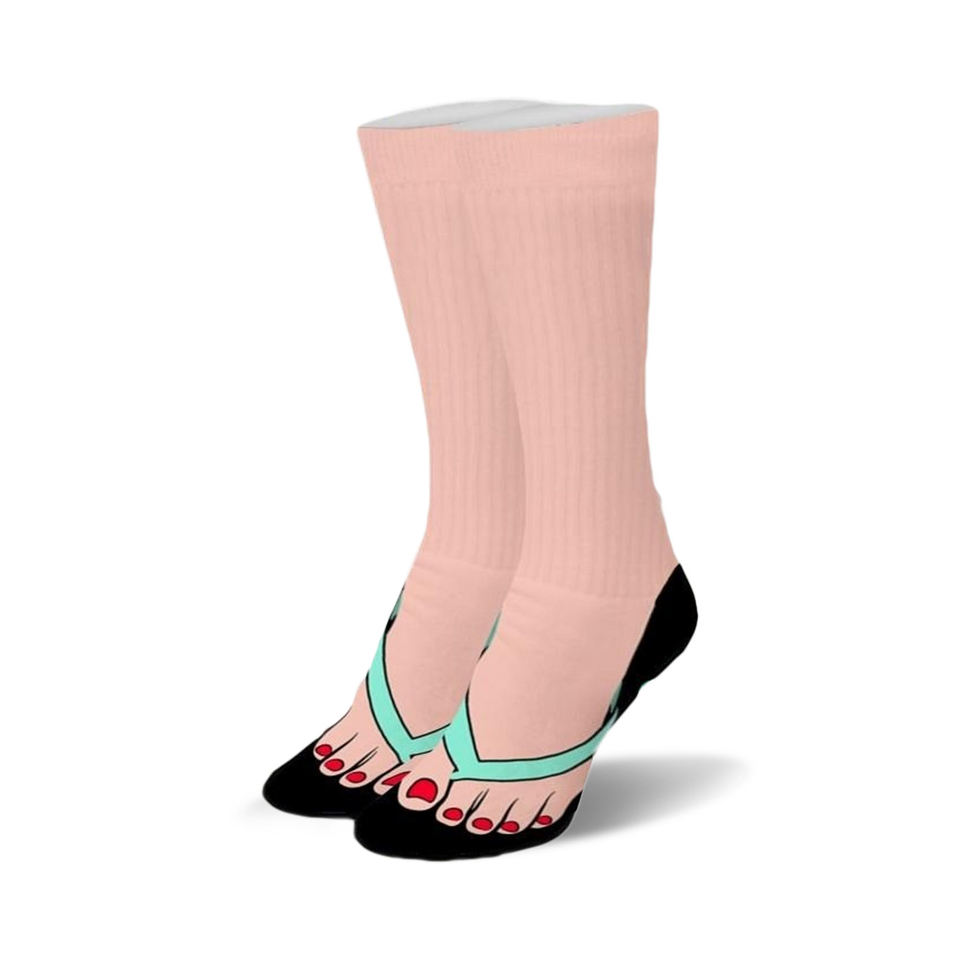 Pair of pink crew socks featuring a graphic design of feet in teal flip-flops and red nail polish.  The socks have a black heel and toe.