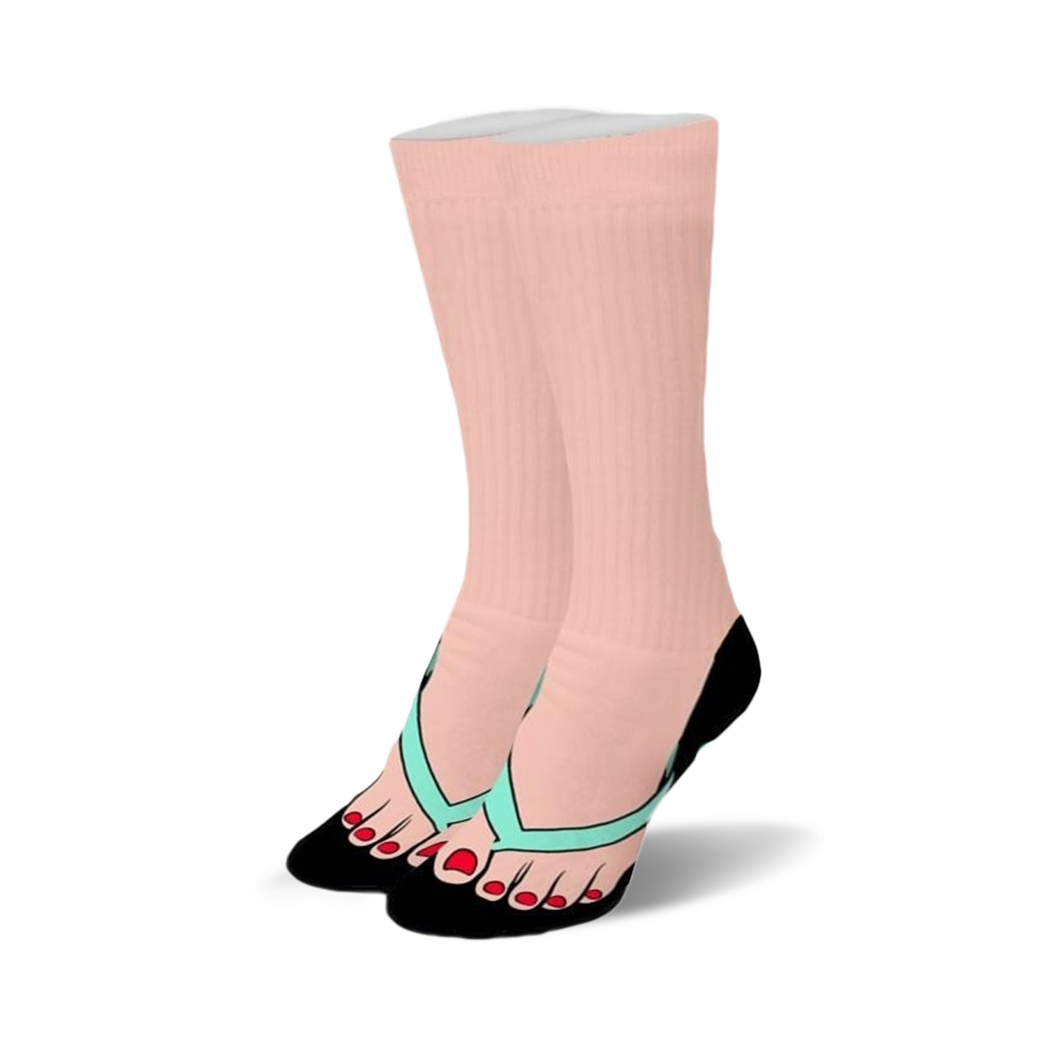 Pair of pink crew socks featuring a graphic design of feet in teal flip-flops and red nail polish.  The socks have a black heel and toe.