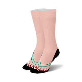white crew socks with printed flesh-colored legs wearing blue flip-flops with red toenails.  