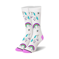 Pair of white crew socks with whimsical illustrations of unicorns, rainbows, and sparkling gems in teal, purple, and pink.