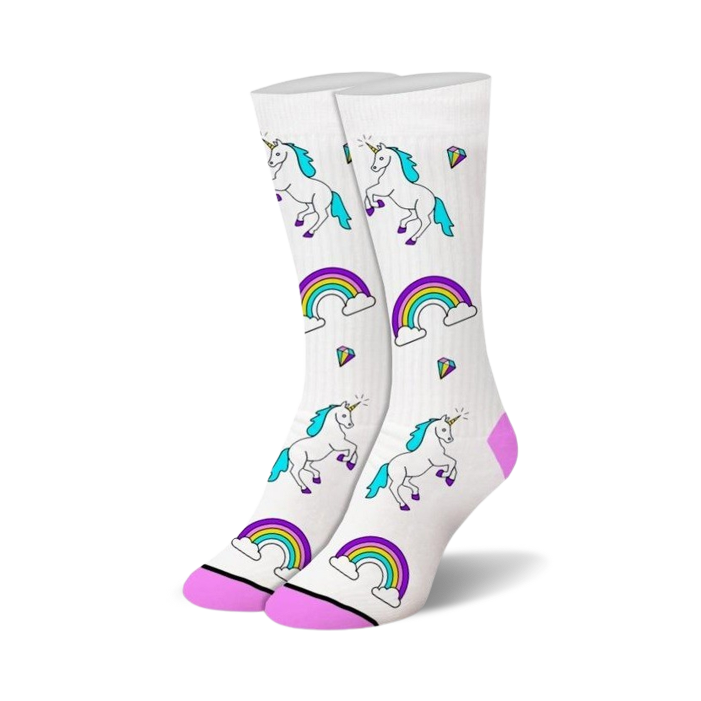 Pair of white crew socks with whimsical illustrations of unicorns, rainbows, and sparkling gems in teal, purple, and pink.