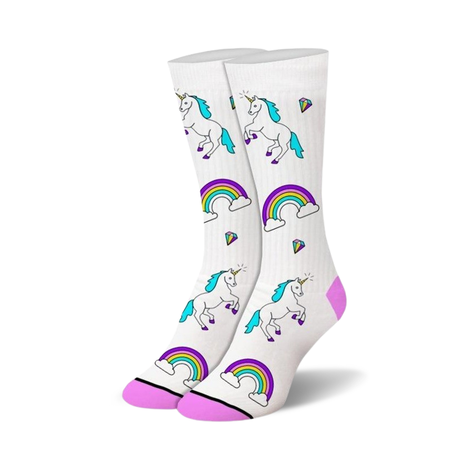 Pair of white crew socks with whimsical illustrations of unicorns, rainbows, and sparkling gems in teal, purple, and pink.