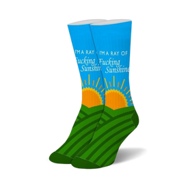 blue crew socks with graphic of sun and text, 'i'm a ray of fucking sunshine'   