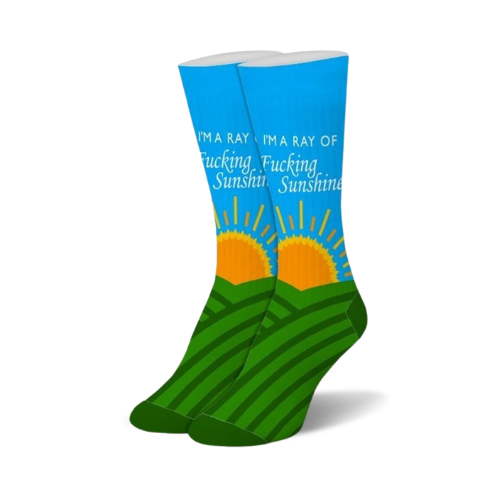 blue crew socks with graphic of sun and text, 'i'm a ray of fucking sunshine'    }}