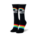Pair of black crew socks with a rainbow, white clouds, 'Happy Bitch' text, and red, yellow, green, blue stripes.