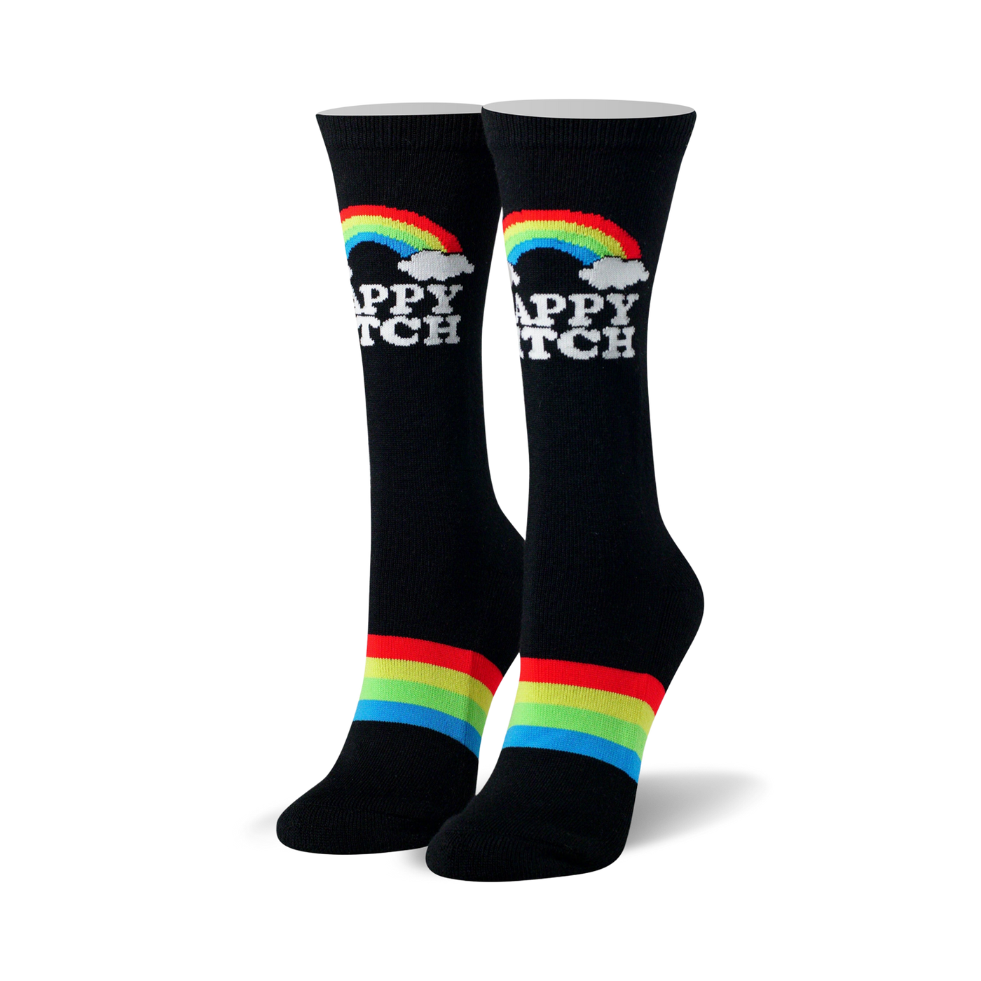 Pair of black crew socks with a rainbow, white clouds, 'Happy Bitch' text, and red, yellow, green, blue stripes.