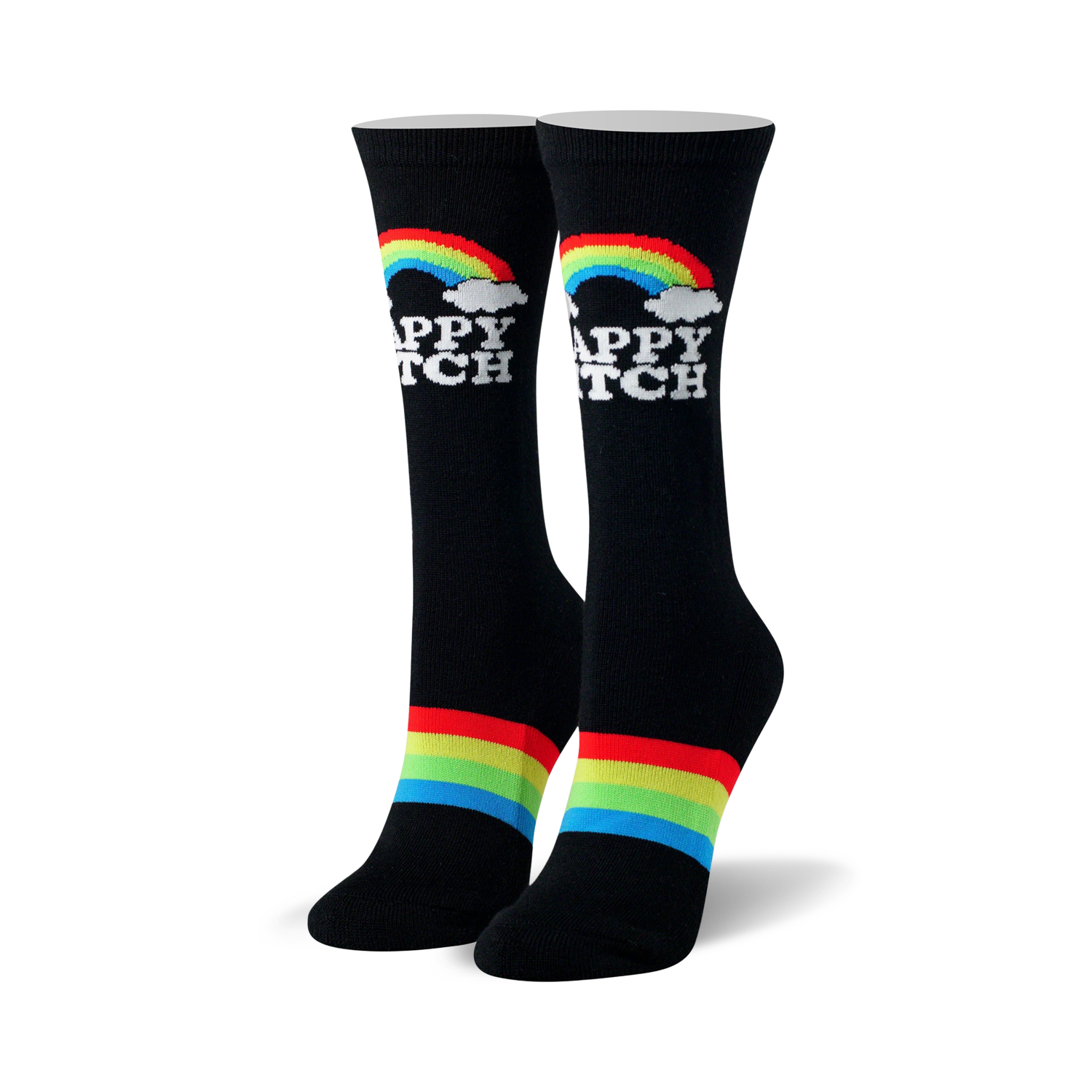 Pair of black crew socks with a rainbow, white clouds, 'Happy Bitch' text, and red, yellow, green, blue stripes.