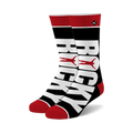 Pair of crew socks in black, white, and red. The socks feature the word 'ROCKY' in large letters, with a small red figure between each letter.
