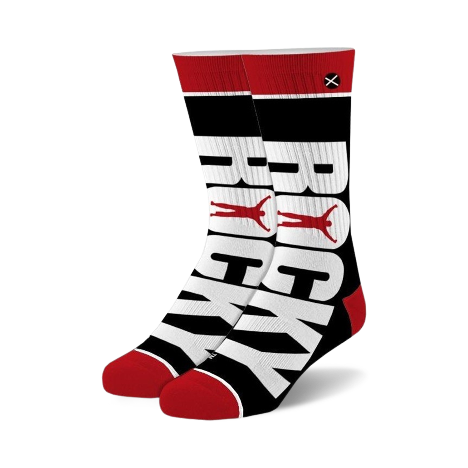 Pair of crew socks in black, white, and red. The socks feature the word 'ROCKY' in large letters, with a small red figure between each letter.