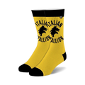 Pair of gold crew socks with black cuffs and a repeating black Italian Stallion logo featuring horse heads.