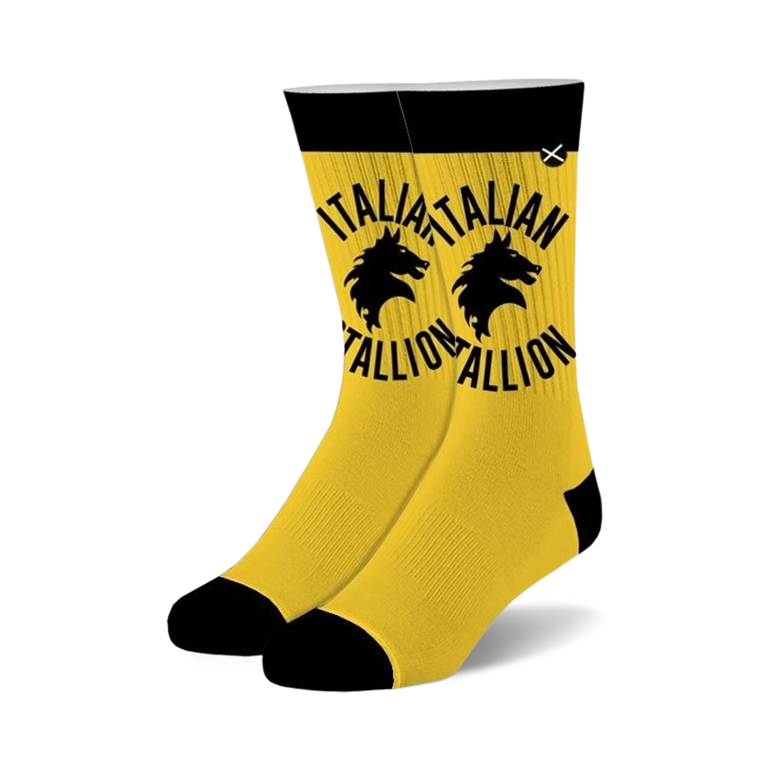 Pair of gold crew socks with black cuffs and a repeating black Italian Stallion logo featuring horse heads.