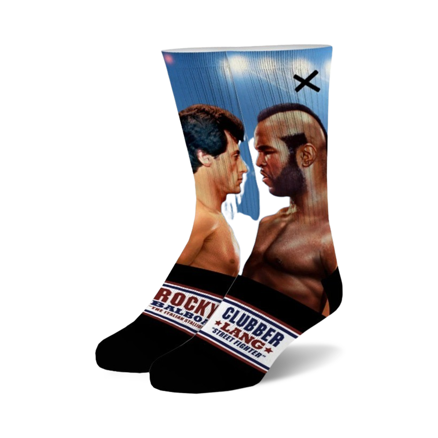 Crew socks showing Rocky Balboa and Clubber Lang facing off.  Black socks with a blue and red banner at the bottom.