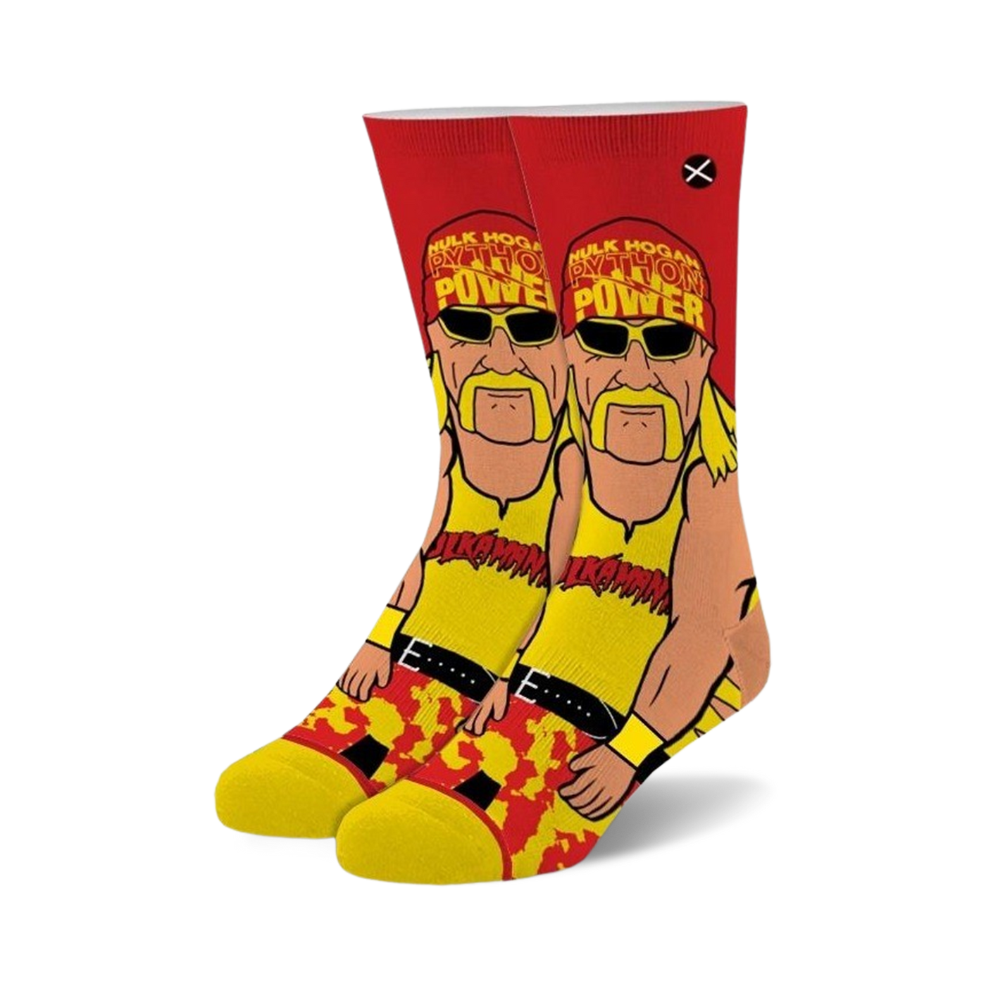 Pair of crew socks featuring a cartoon illustration of Hulk Hogan in yellow and red, with 'Python Power' text.
