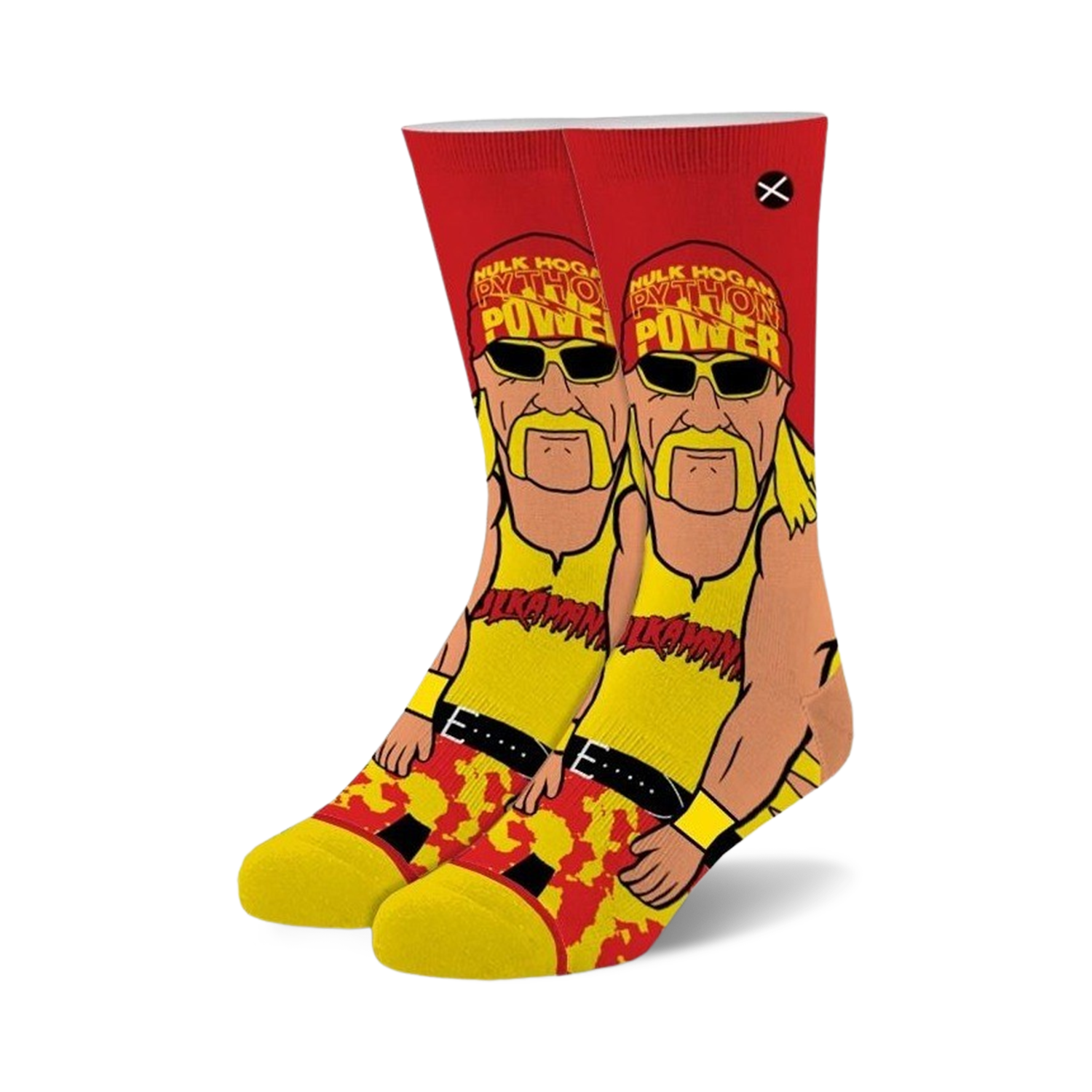 Pair of crew socks featuring a cartoon illustration of Hulk Hogan in yellow and red, with 'Python Power' text.