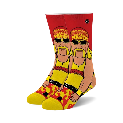 yellow cotton socks with hulk hogan cartoon graphic. for men and women.   