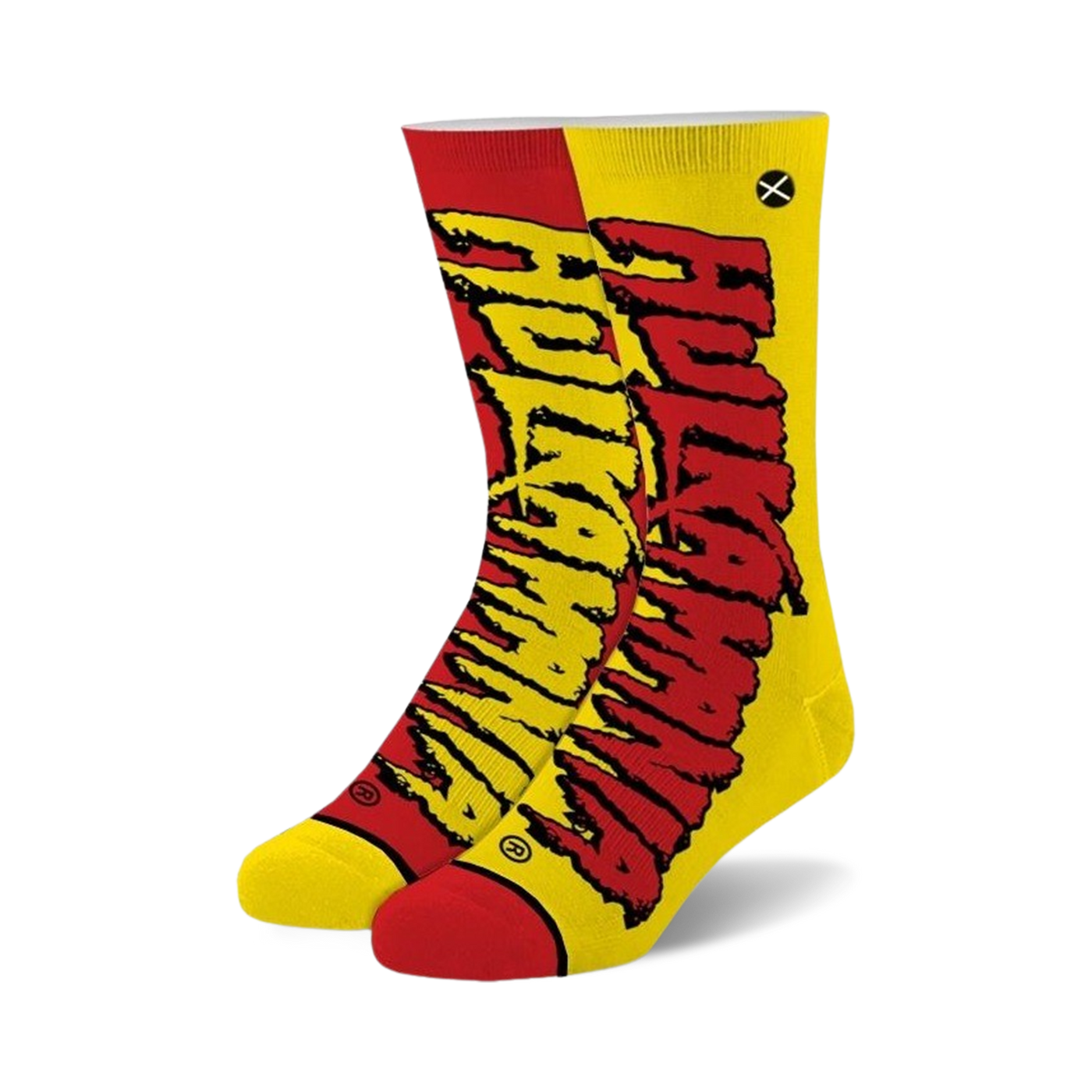 A pair of crew socks in red and yellow, featuring a stylized "Hulkamania" logo. The socks have black soles.