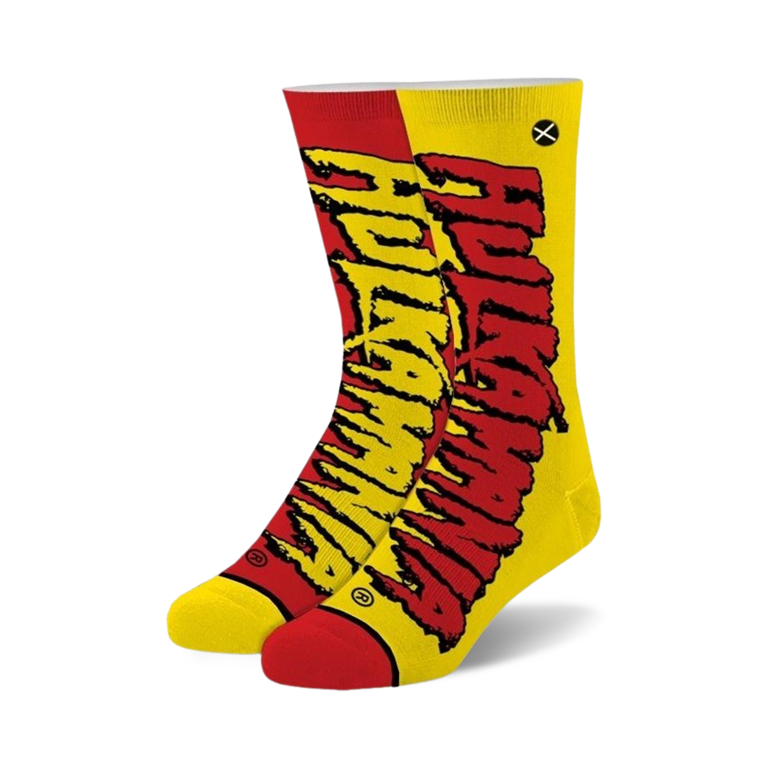 A pair of crew socks in red and yellow, featuring a stylized "Hulkamania" logo. The socks have black soles.