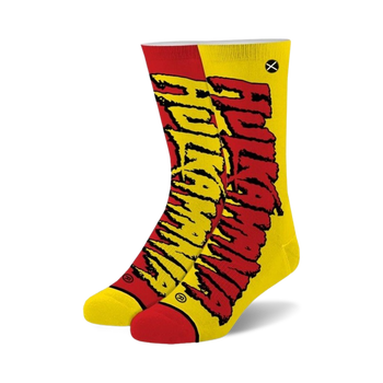 yellow & red hulkamania crew socks for men and women.   