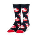 Crew socks in black with red and white Ghostbusters logos.  Slimer ghosts are featured in the repeating design.