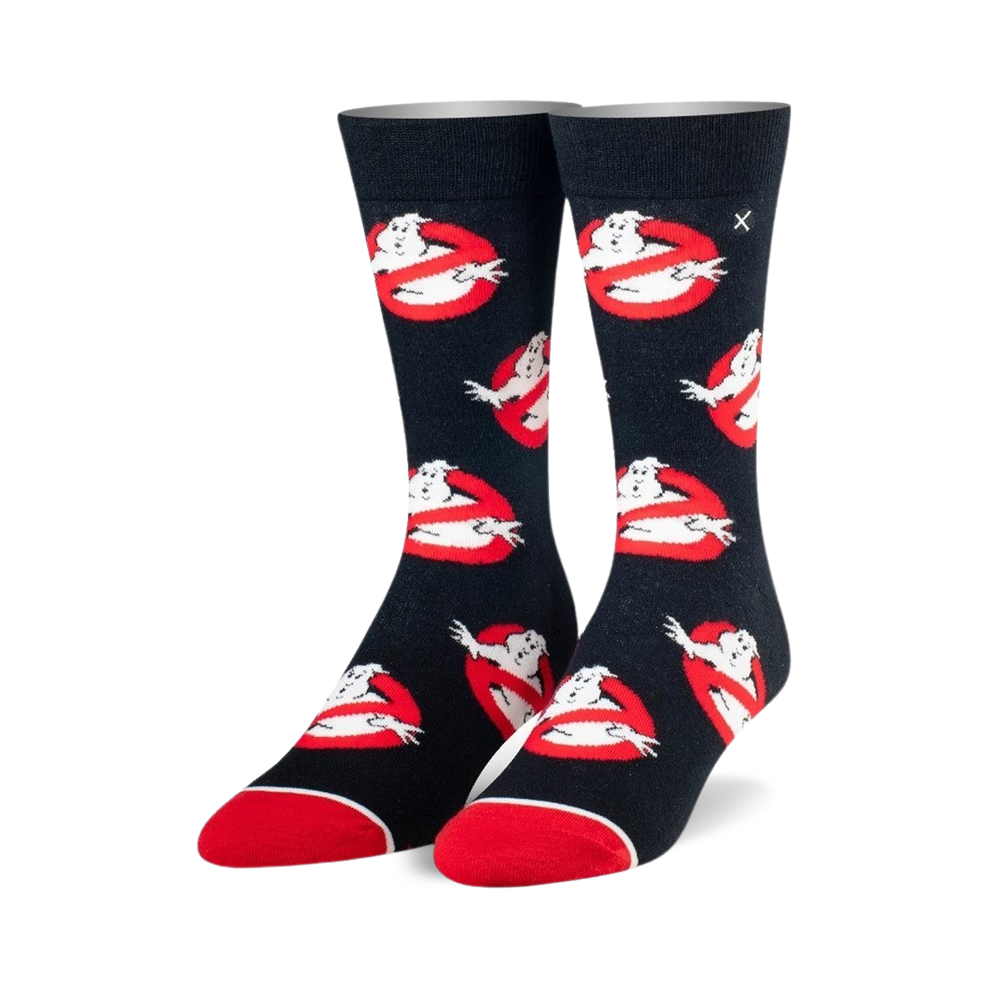 Crew socks in black with red and white Ghostbusters logos.  Slimer ghosts are featured in the repeating design.