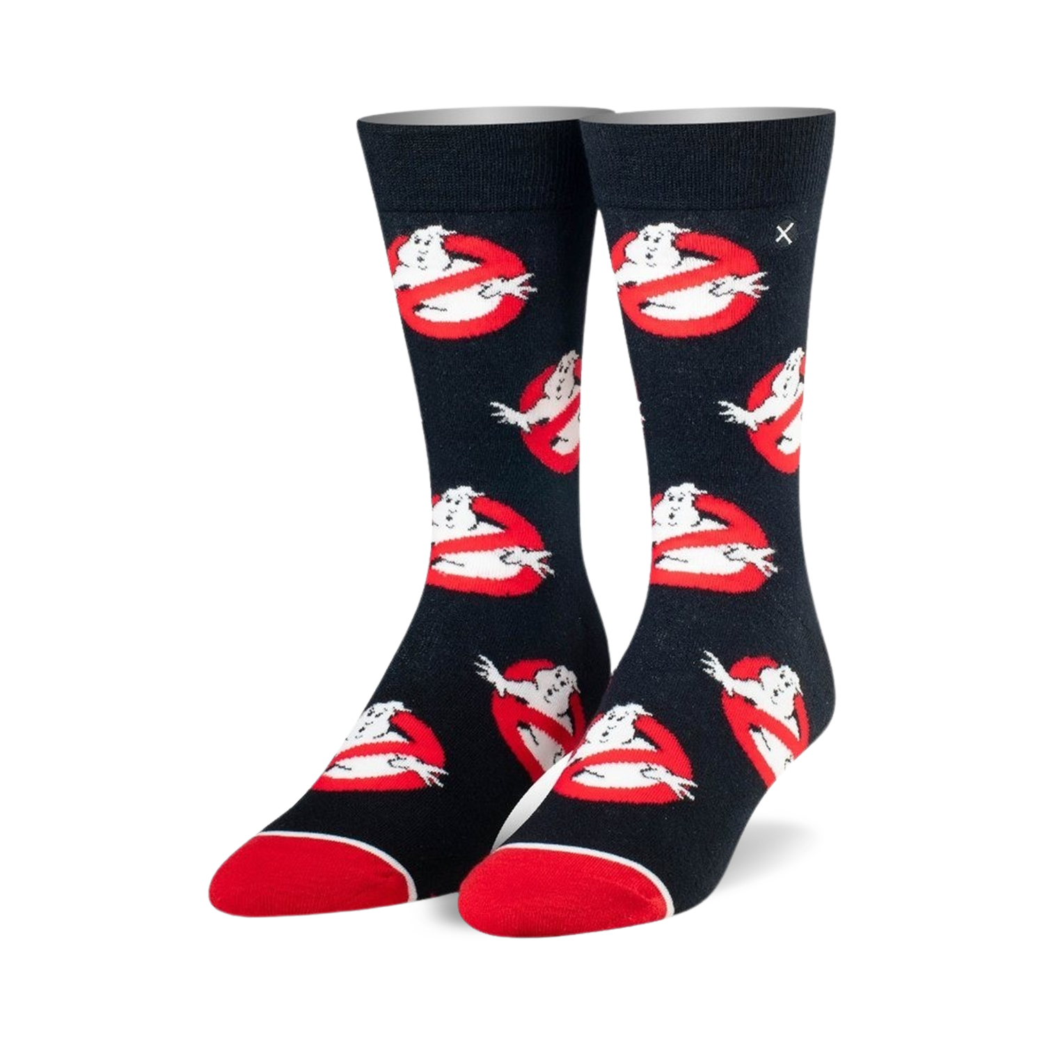 Crew socks in black with red and white Ghostbusters logos.  Slimer ghosts are featured in the repeating design.