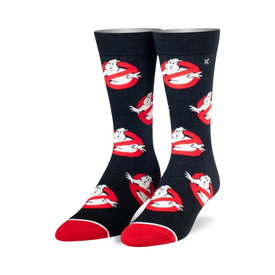 black, crew length ghostbusters logo socks. red toe and heel. officially licensed by columbia pictures industries, inc.  