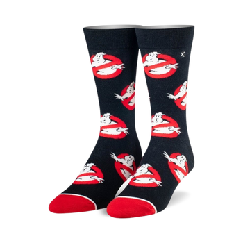 black, crew length ghostbusters logo socks. red toe and heel. officially licensed by columbia pictures industries, inc.  