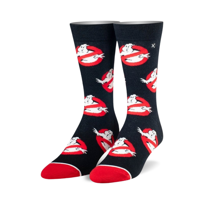black, crew length ghostbusters logo socks. red toe and heel. officially licensed by columbia pictures industries, inc.   }}