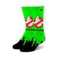 Pair of Ghostbusters Slimer crew socks. Lime green with black accents and a dripping slime design. Features the Ghostbusters logo and Slimer.