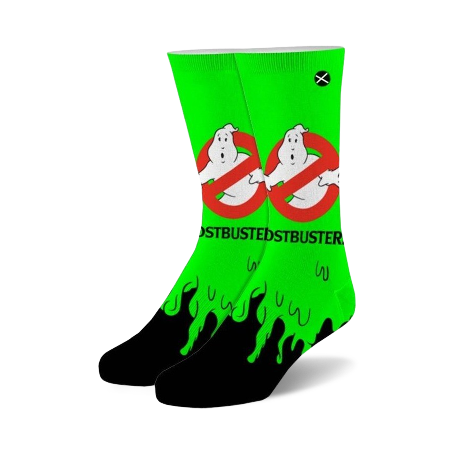 Pair of Ghostbusters Slimer crew socks. Lime green with black accents and a dripping slime design. Features the Ghostbusters logo and Slimer.