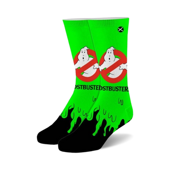 green crew socks with black toe and heel. feature slimer from ghostbusters and the ghostbusters logo. for men and women.  