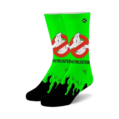 green crew socks with black toe and heel. feature slimer from ghostbusters and the ghostbusters logo. for men and women.  