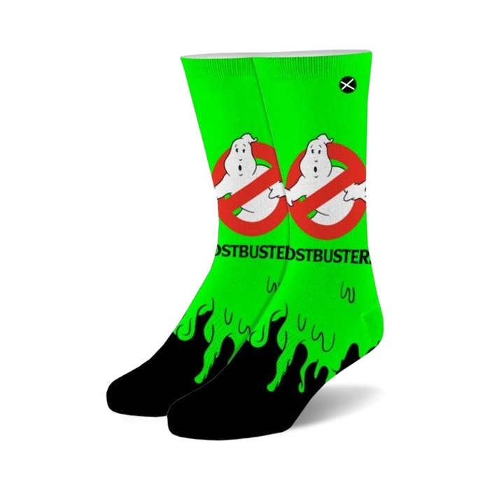 green crew socks with black toe and heel. feature slimer from ghostbusters and the ghostbusters logo. for men and women.   }}