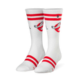 White crew socks with red varsity stripes at cuff and toe, and a Ghostbusters no-ghost logo on the calf.