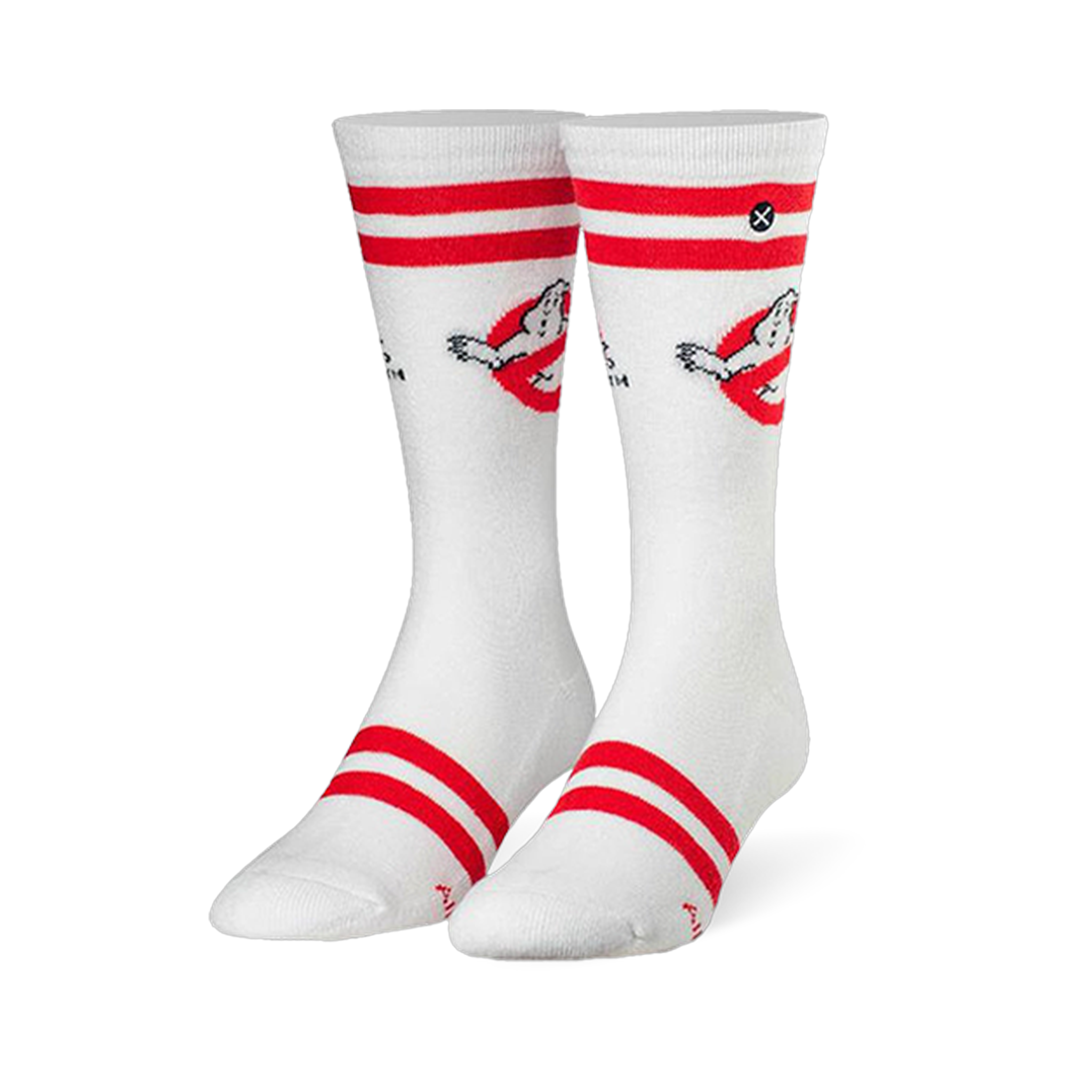 White crew socks with red varsity stripes at cuff and toe, and a Ghostbusters no-ghost logo on the calf.