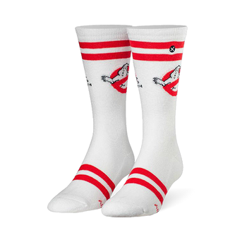 White crew socks with red varsity stripes at cuff and toe, and a Ghostbusters no-ghost logo on the calf.