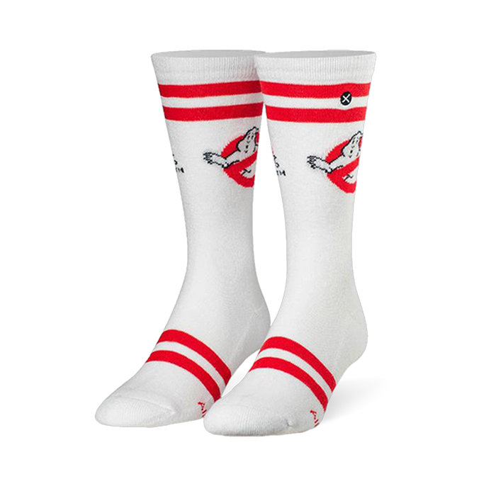 White crew socks with red varsity stripes at cuff and toe, and a Ghostbusters no-ghost logo on the calf. }}