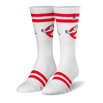 White crew socks with red varsity stripes at cuff and toe, and a Ghostbusters no-ghost logo on the calf.