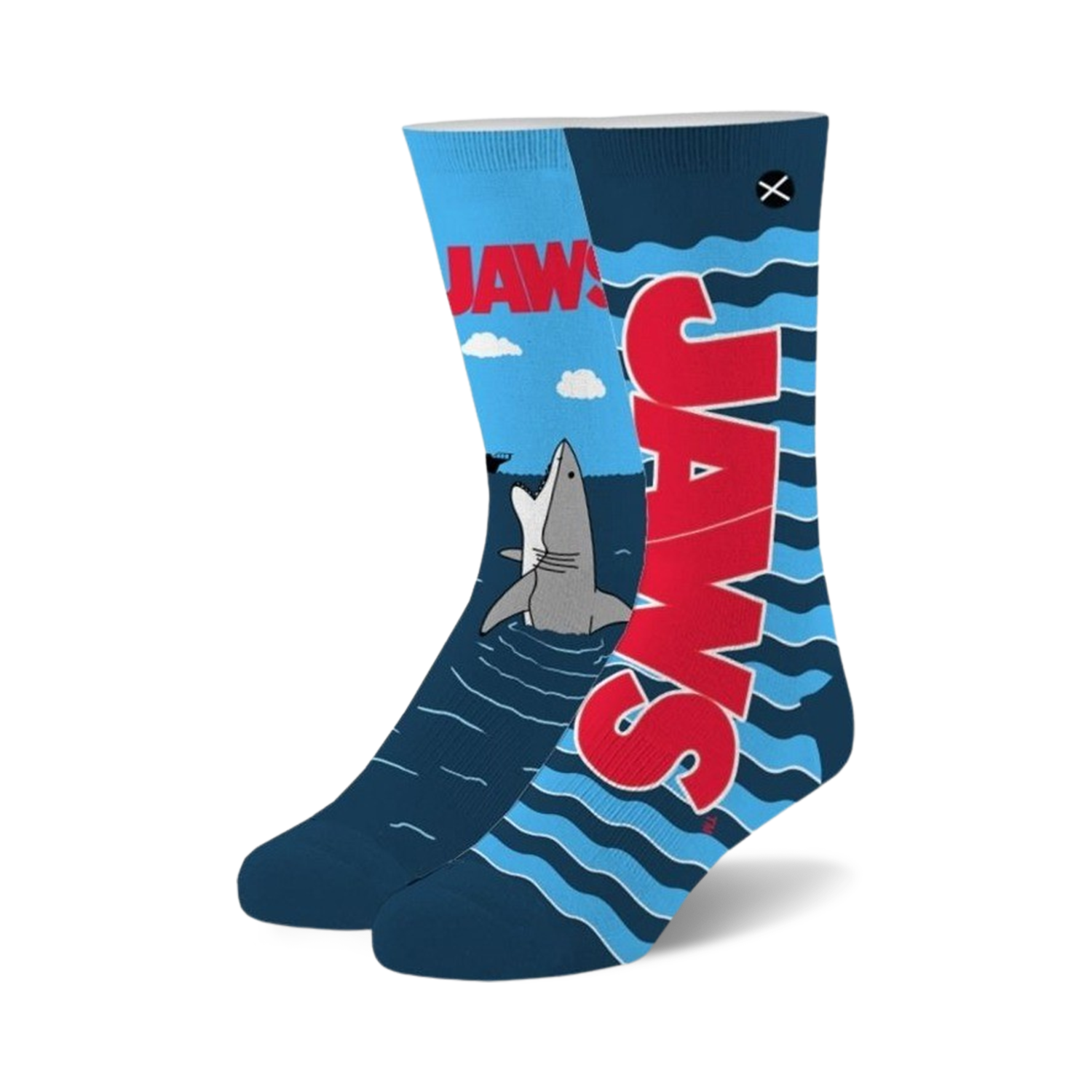 Crew socks in blue and red featuring the Jaws movie title and a cartoon shark emerging from the water. A fun, playful design for movie fans.