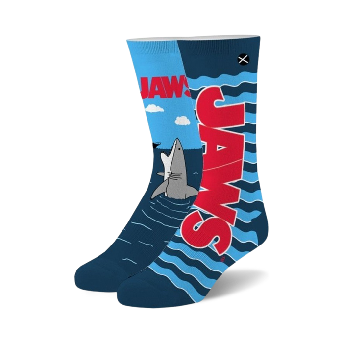 blue crew socks with gray shark and red fin jumping from water with clouds, for men and women.    }}