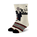 Cream crew socks with a black and white checkered pattern, burgundy accents, and a graphic of Vito Corleone from The Godfather.