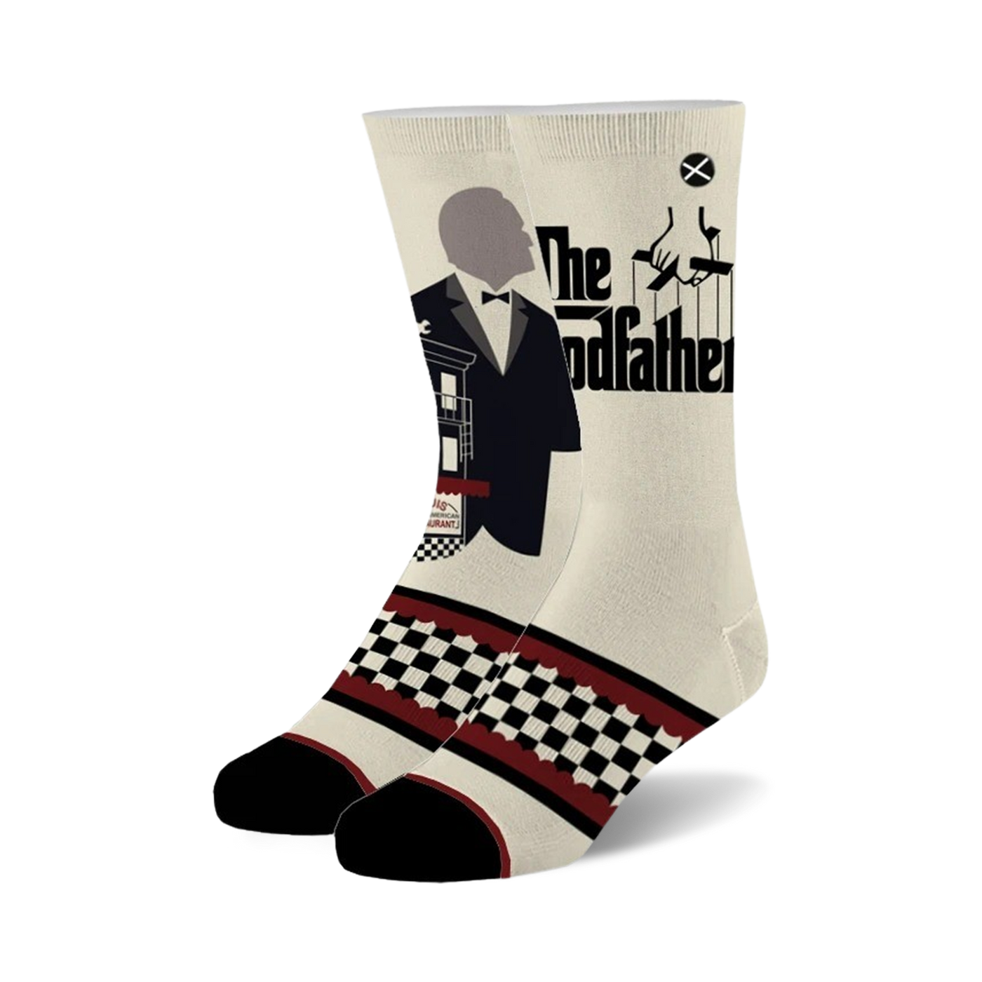 Cream crew socks with a black and white checkered pattern, burgundy accents, and a graphic of Vito Corleone from The Godfather.