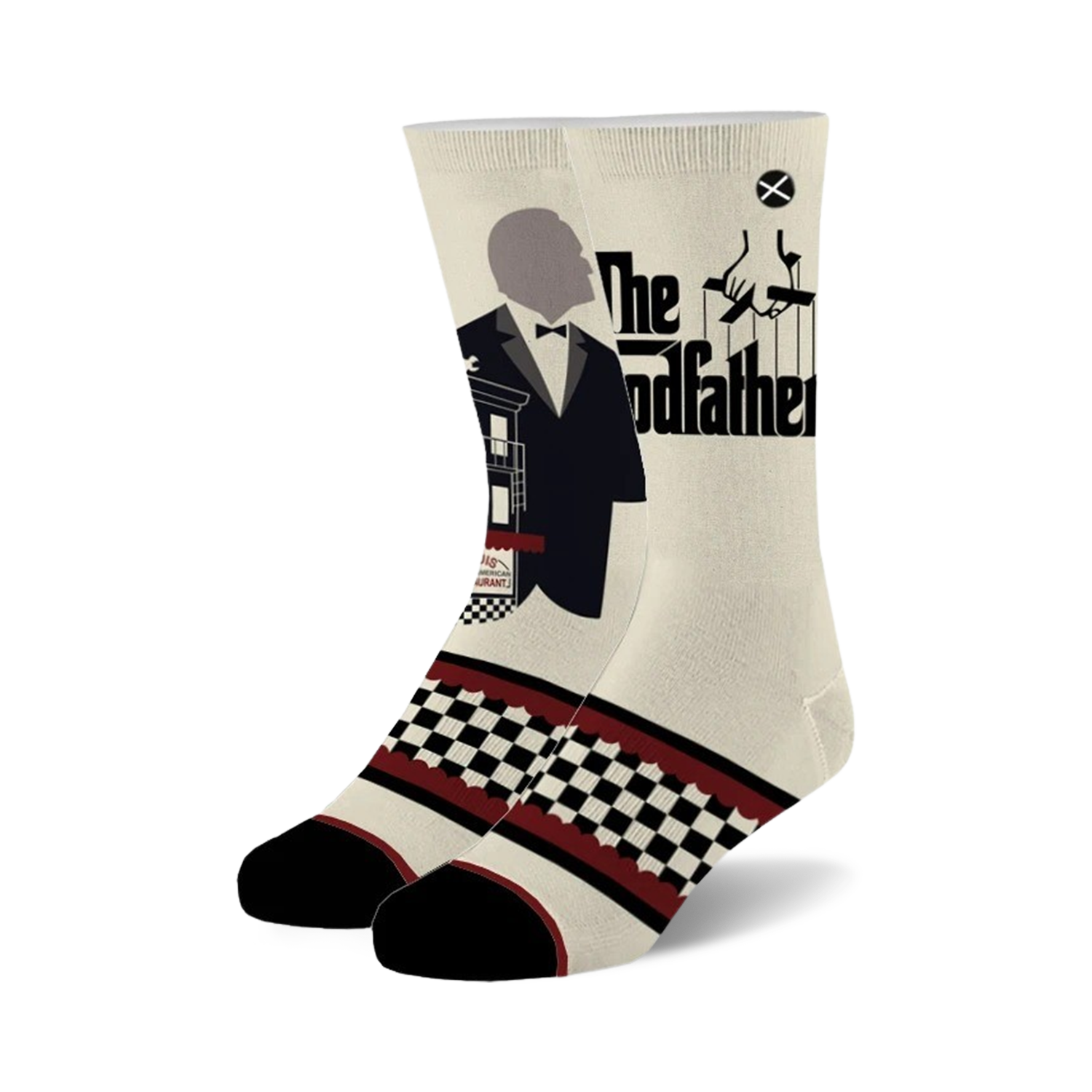 Cream crew socks with a black and white checkered pattern, burgundy accents, and a graphic of Vito Corleone from The Godfather.